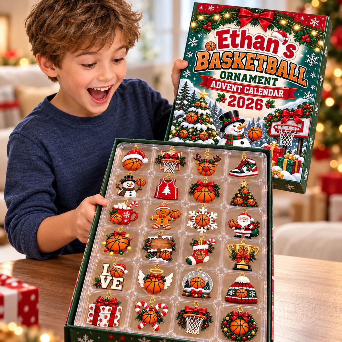 Basketball Advent Calendar 2026, Christmas Countdown Box, 24 Basketball Charms, Personalized Sports Holiday Keepsake, Basketball Player Gift John