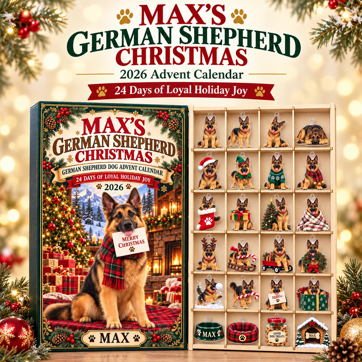 Personalized German Shepherd Advent Calendar 2026, 24 Acrylic Charms, Christmas Dog Gift, Pet Name Keepsake