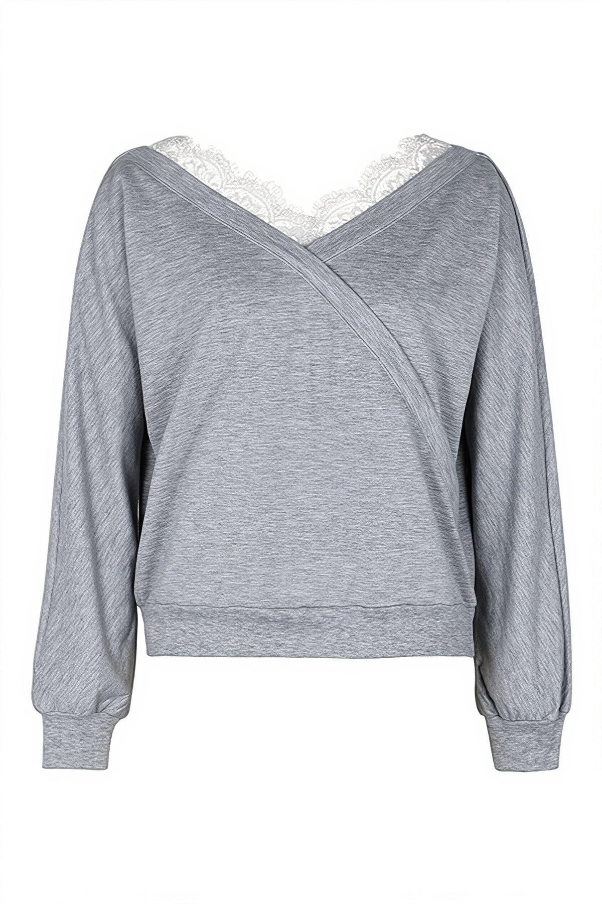 Lace Trim Wrap Neck Pullover Sweatshirt