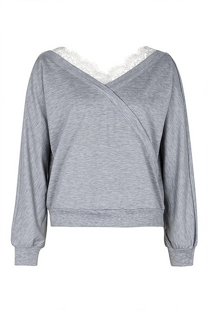 Lace Trim Wrap Neck Pullover Sweatshirt