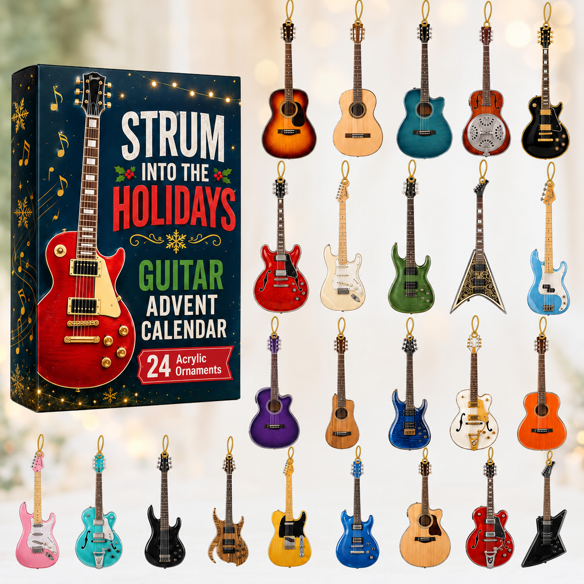 Strum Into The Holidays Advent Calendar 2026 - 24-Day Festive Countdown, Acrylic Charms Blind Box - Gift For Guitar Lovers