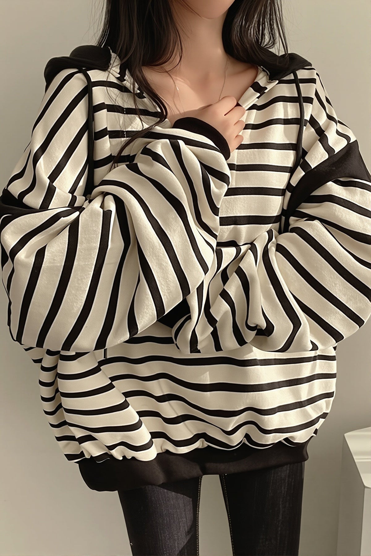 Striped V Neck Pullover Hoodie