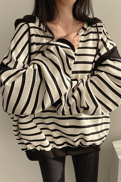 Striped V Neck Pullover Hoodie