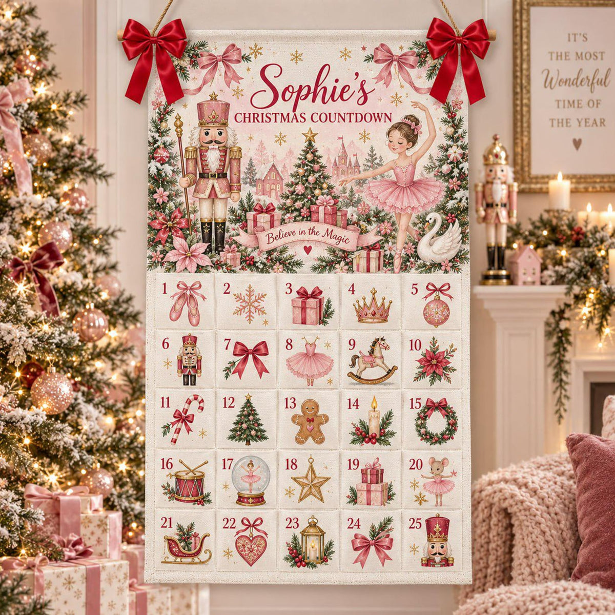 Personalized Reusable Fabric Advent Calendar, Pink Nutcracker Christmas Countdown, Custom Name 25 Pocket Advent Calendar, Kids Holiday Decor