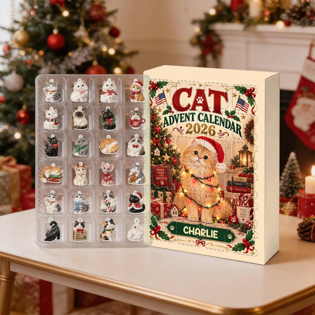 Personalized Cat Advent Calendar 2026, 24 Acrylic Charms, Christmas Countdown Gift for Cat Lovers