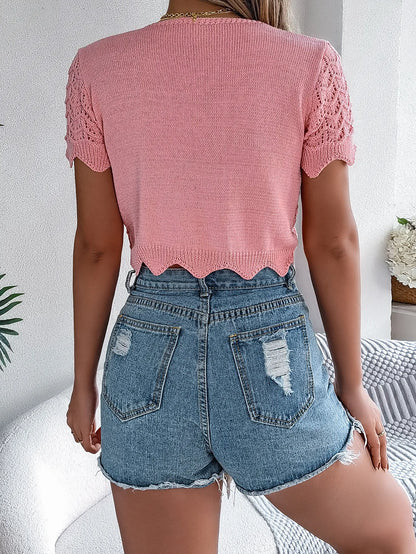 Tie-Front Hollow Out Short Sleeve Cropped Knit Cover-Up