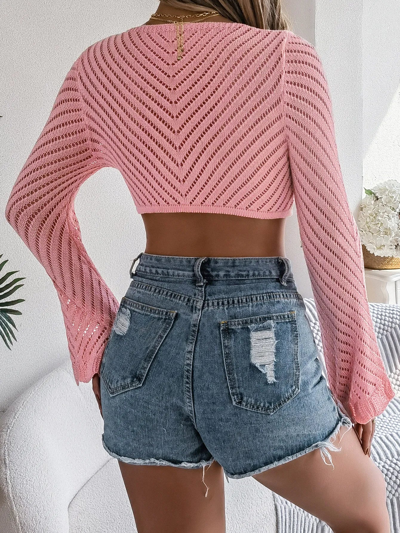 Stripe Tie Front Hollow Out Long Sleeve Knit Cover-Up