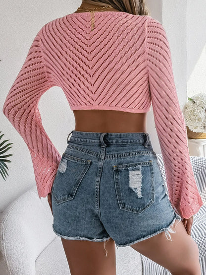Stripe Tie Front Hollow Out Long Sleeve Knit Cover-Up