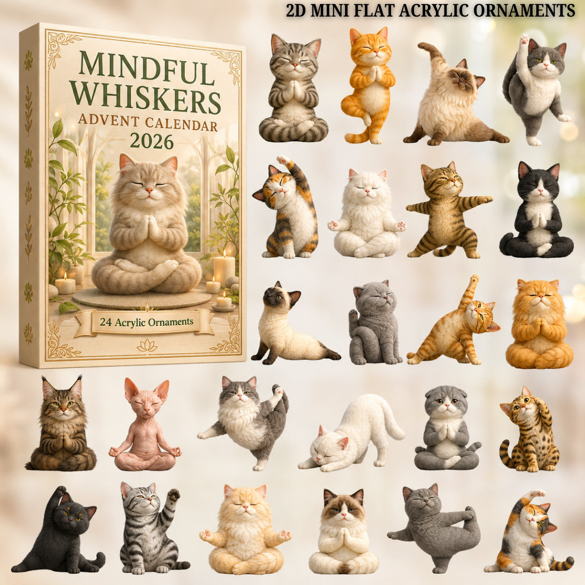 Mindful Whiskers Advent Calendar 2026 - 24-Day Festive Countdown, Acrylic Charms Blind Box - Gift For Yoga Lovers