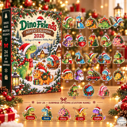 Dino Friends Advent Calendar 2026 | 24 Day Prehistoric Christmas Countdown with Custom 2D Ornament
