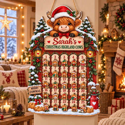 Personalized Highland Cow Wooden Advent Calendar: Custom Name, Hanging Ornaments