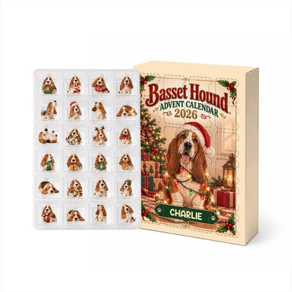 Personalized Basset Hound Advent Calendar, 24 Acrylic Charms, Custom Dog Name, Holiday Countdown, Pet Lover Gift