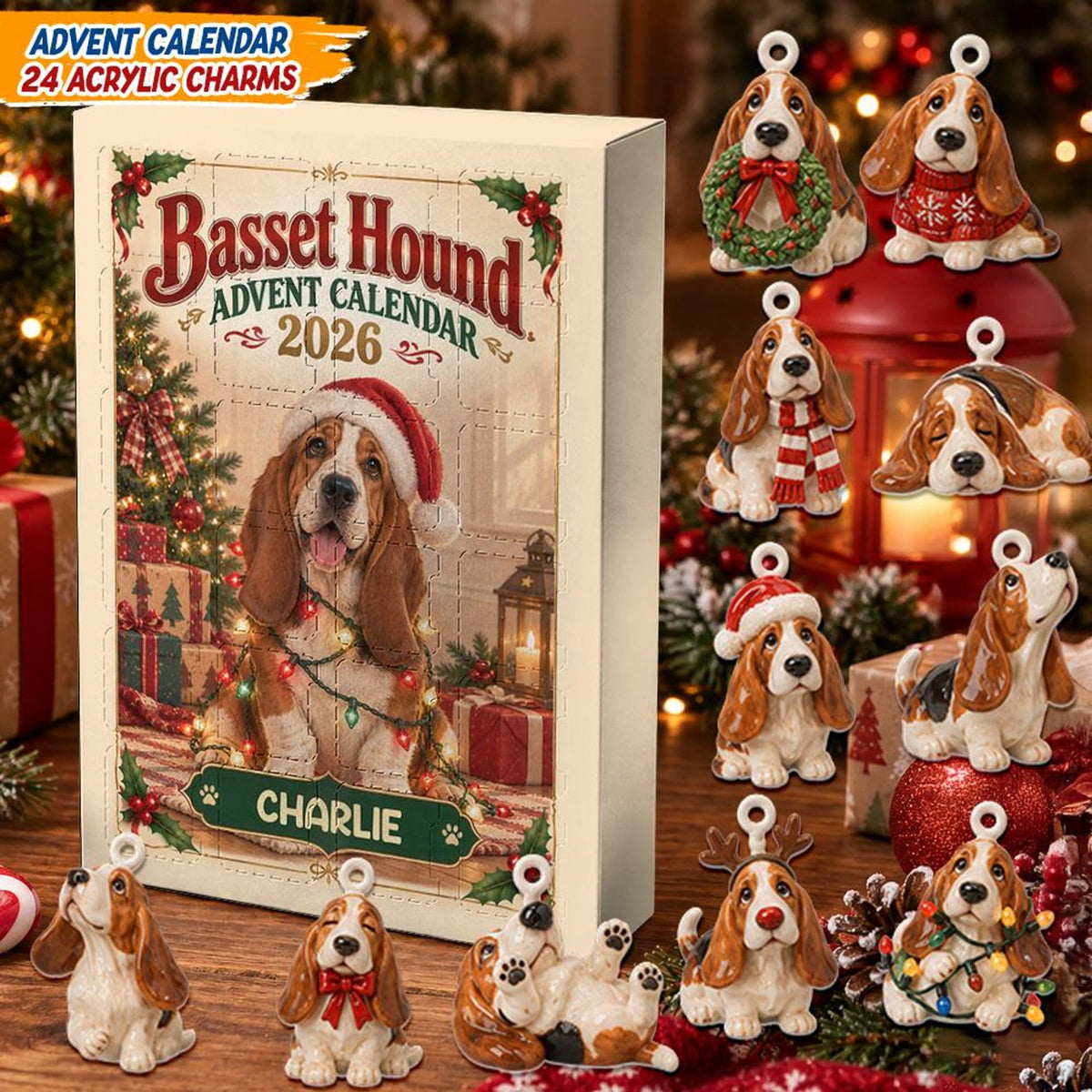 Personalized Basset Hound Advent Calendar, 24 Acrylic Charms, Custom Dog Name, Holiday Countdown, Pet Lover Gift