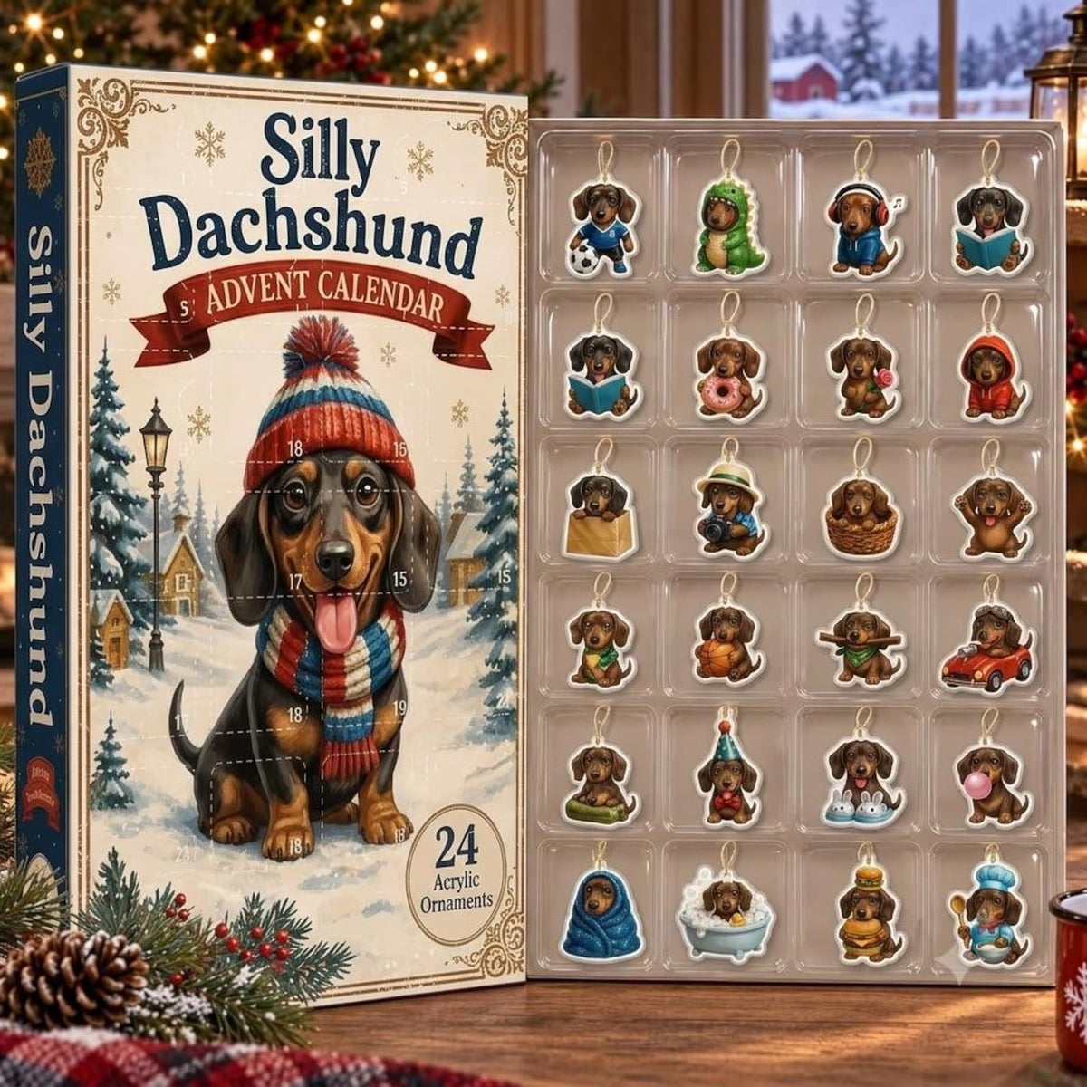 Silly Dachshund Advent Calendar 2026, Dachshund Christmas Countdown, 24 Pcs Dachshund Dog Acrylic Ornaments, Dachshund Lover Gift, Xmas Tree Decor