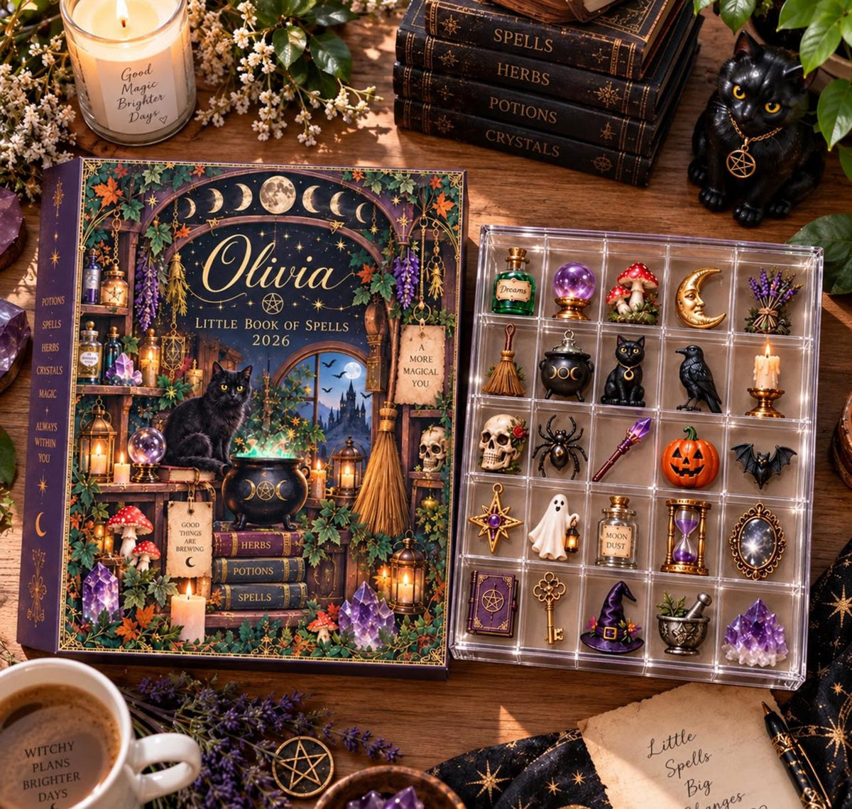 Personalized Witch Advent Calendar, Halloween Spell Book Countdown, 24 Magic Charms, Gothic Witch Gift, Custom Name GIFT 2026, Spooky Decor