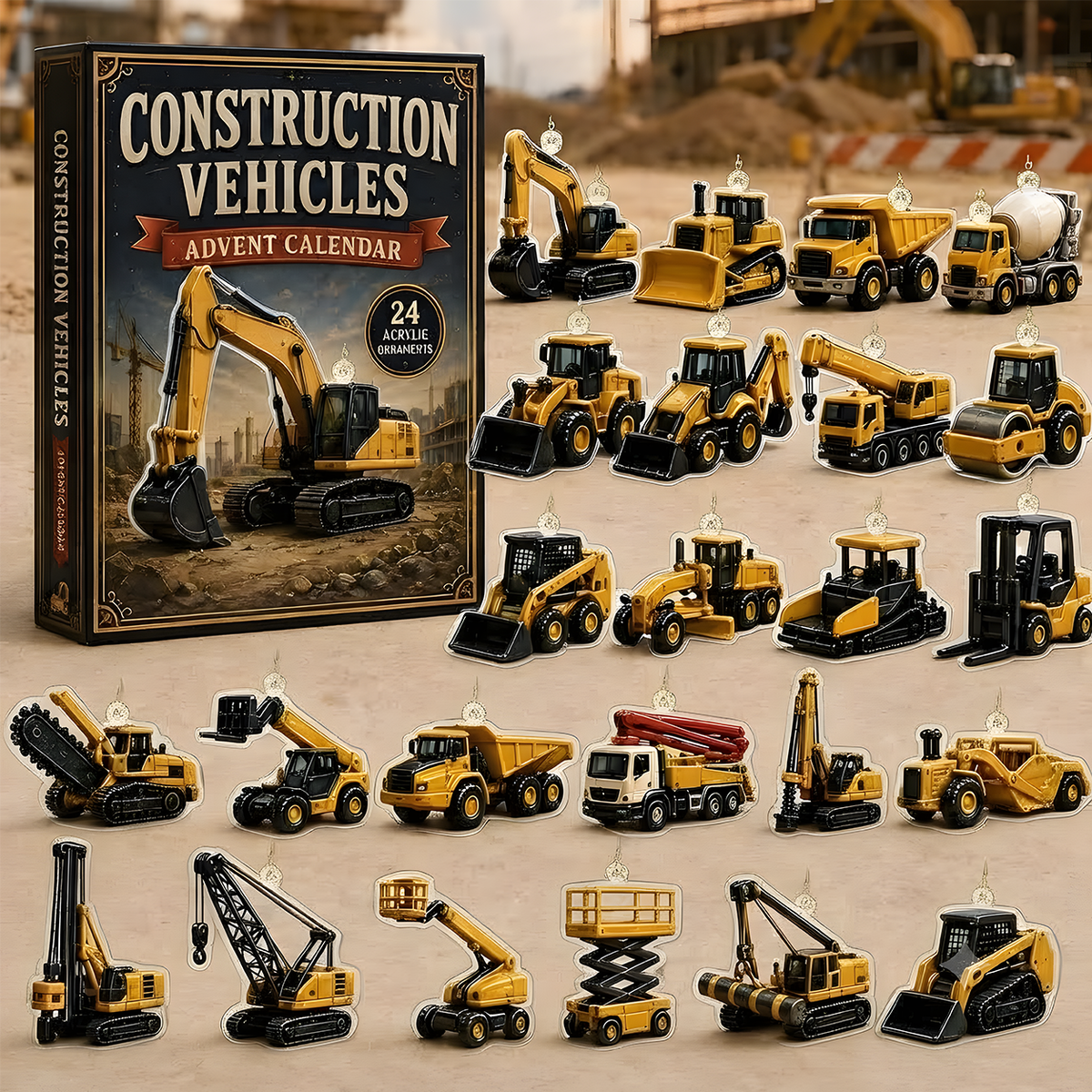Construction Vehicles Fleet Advent Calendar 2026 - 24-Day Festive Countdown, Acrylic Ornament Blind Box