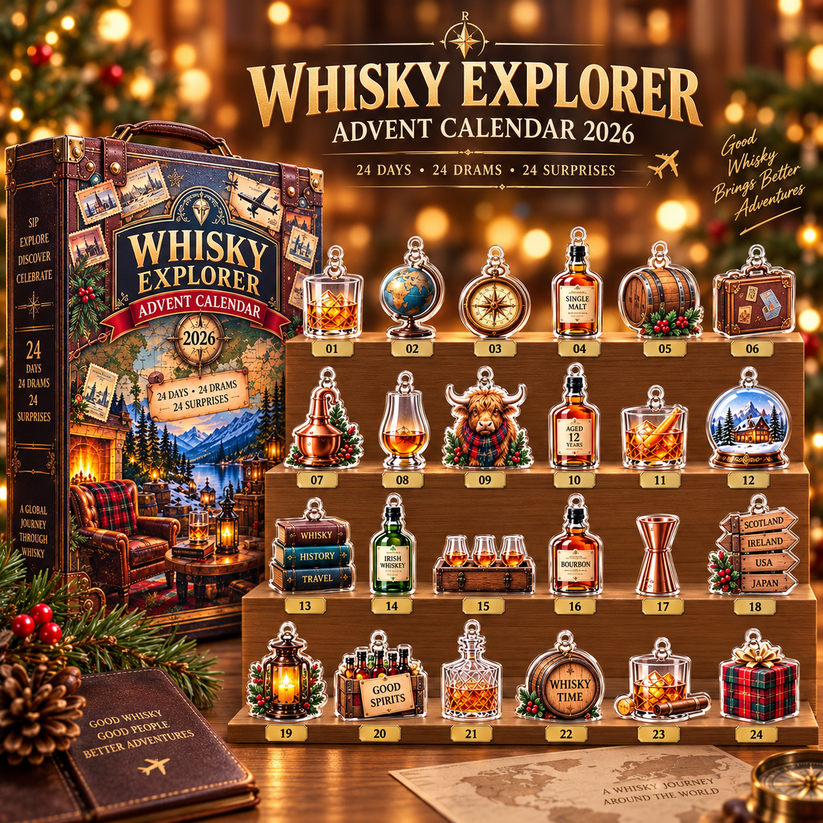 Whisky Explorer Advent Calendar 2026, 24 Days of Global Drams & Surprises, Travel Theme Christmas Countdown Gift, Holiday Decor