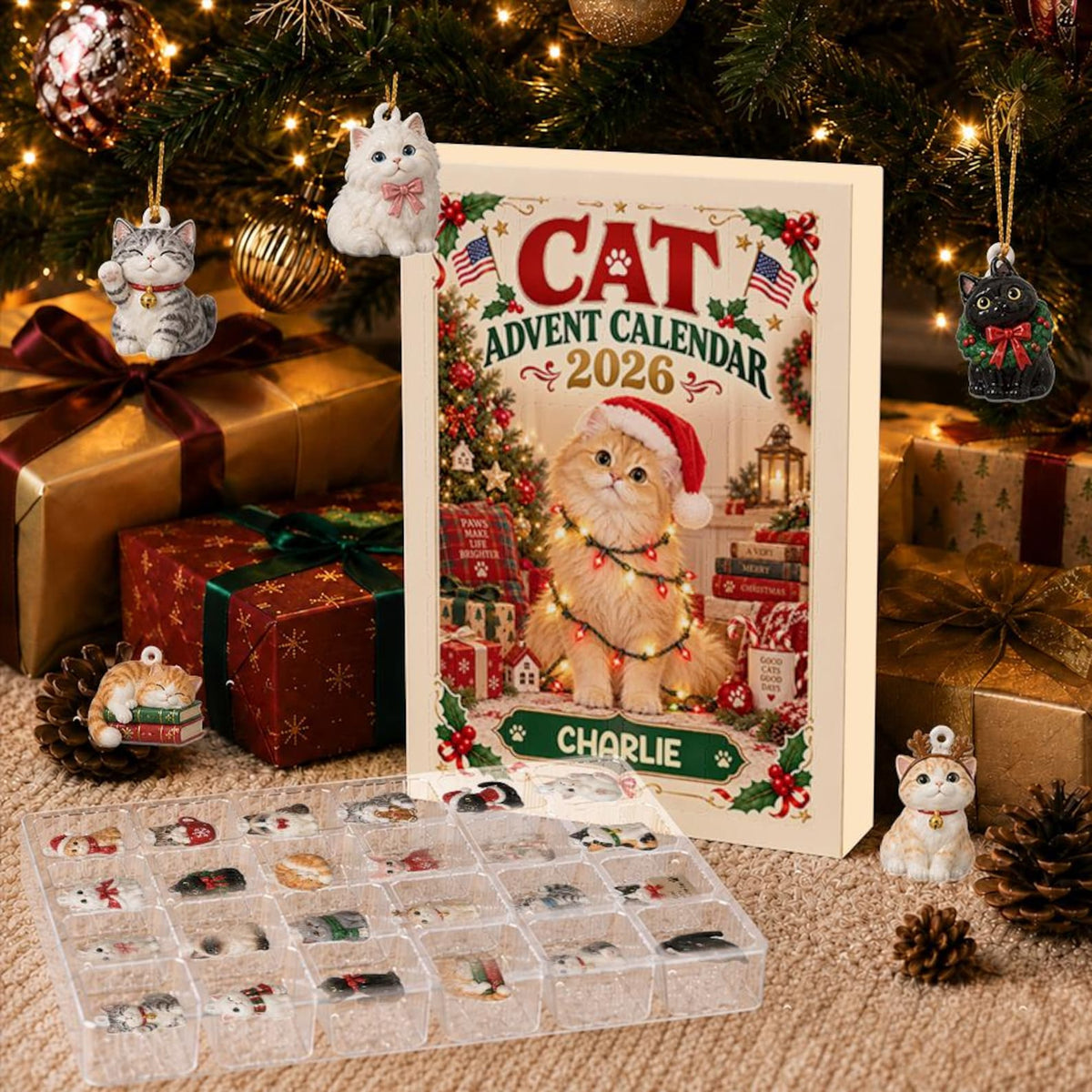 Personalized Cat Advent Calendar 2026, 24 Acrylic Charms, Christmas Countdown Gift for Cat Lovers