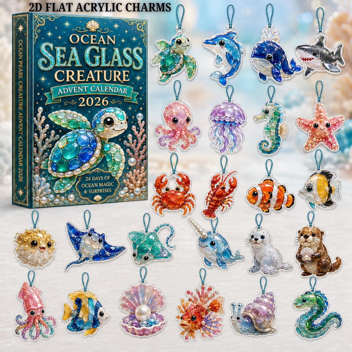 Ocean Sea Glass Creature Advent Calendar 2026 - 24-Day Festive Countdown, Acrylic Charms Blind Box - Gift For Ocean Lovers