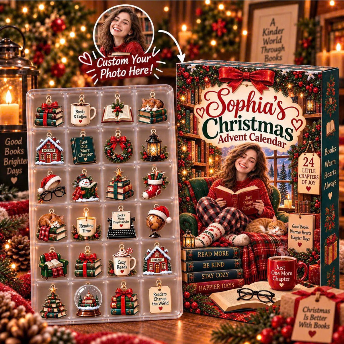 Personalized Book Lover Advent Calendar, Custom Name & Photo, 24 Bookish Acrylic Charms, Christmas Countdown