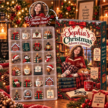 Personalized Book Lover Advent Calendar, Custom Name & Photo, 24 Bookish Acrylic Charms, Christmas Countdown