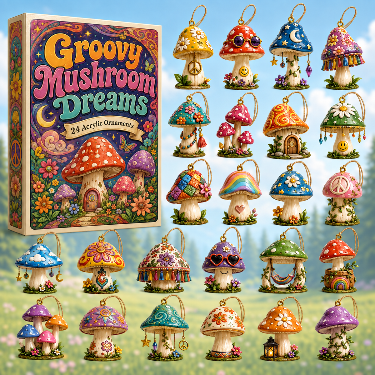 Groovy Mushroom Dreams Advent Calendar 2026 - 24-Day Festive Countdown, Acrylic Charms Blind Box - Gift For Nature Lovers
