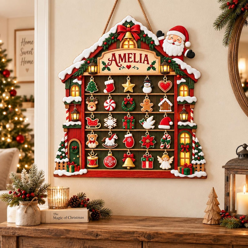 Wooden Advent Calendar Christmas House, Personalized Christmas Countdown Calendar, 24 Days Holiday Decor, Kids Christmas Gift, Family Decor