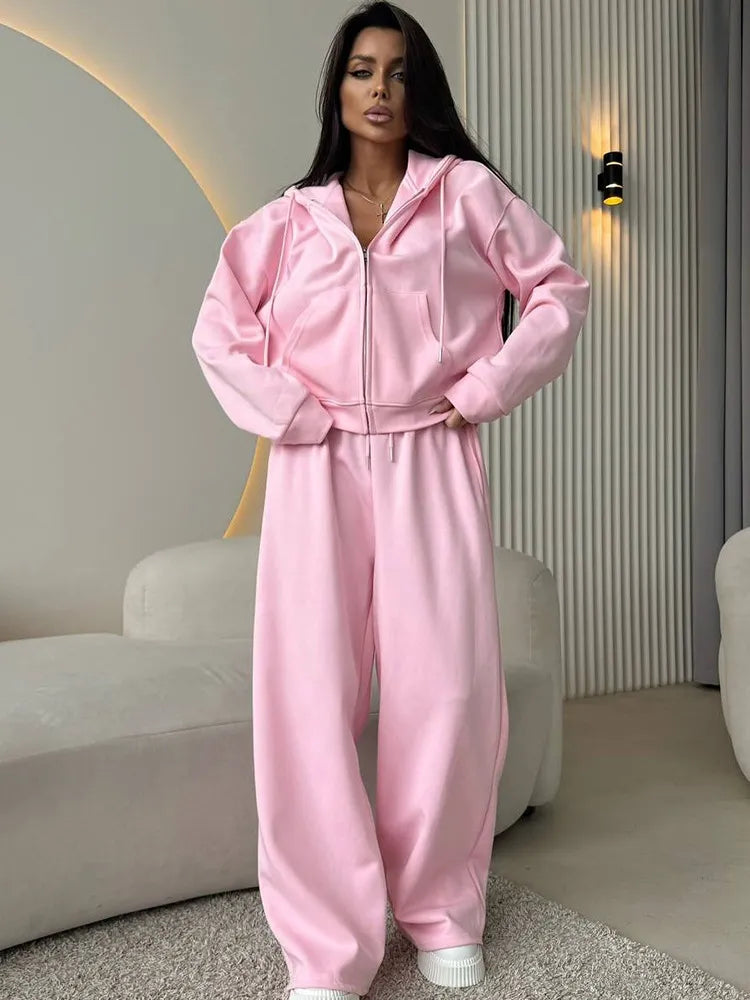 Two-Piece Solid Color Zipper Hoodie and Trousers Set