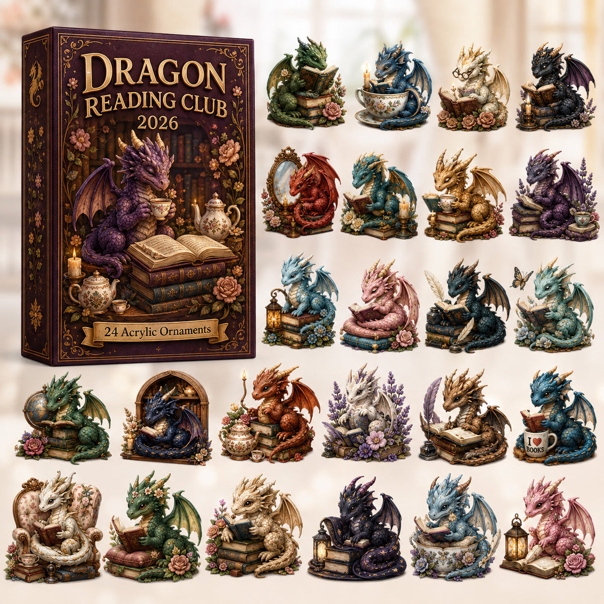 Dragon Reading Club Advent Calendar 2026 - 24-Day Festive Countdown, Acrylic Charms Blind Box - Gift For Dragon Lovers