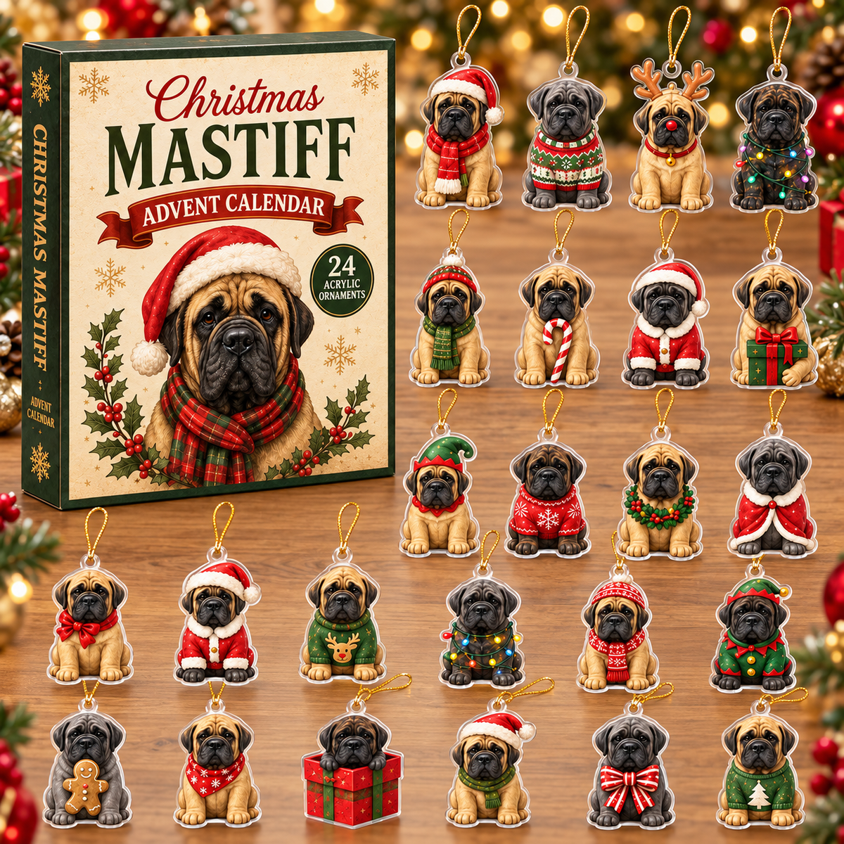Christmas Mastiff Advent Calendar 2026 - 24-Day Festive Countdown, Acrylic Charms Blind Box - Gift For Mastiff Lovers