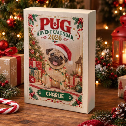 Custom Dog Name Pug Advent Calendar 2026, 24 Pcs Acrylic Dog Charms Christmas Countdown Present Box