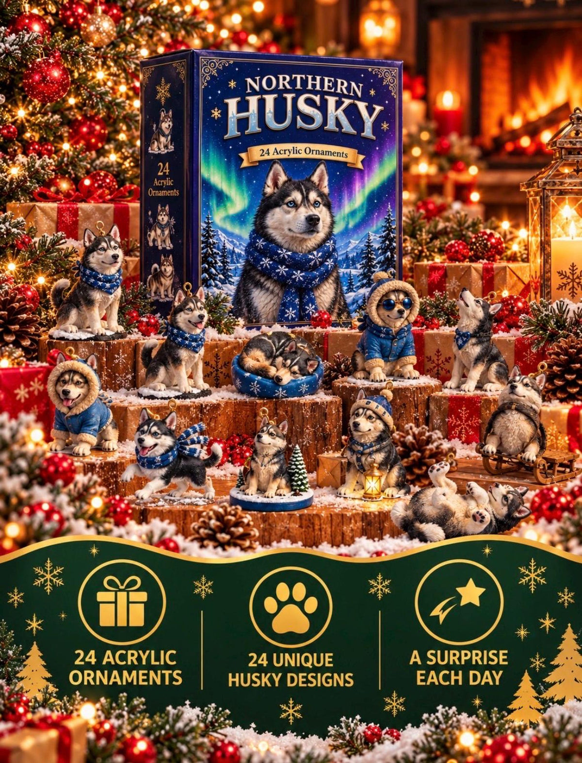 Husky Advent Calendar 2026, 24 2D Acrylic Dog Ornaments, Winter Wonderland Christmas Decor, Dog Lover Gift