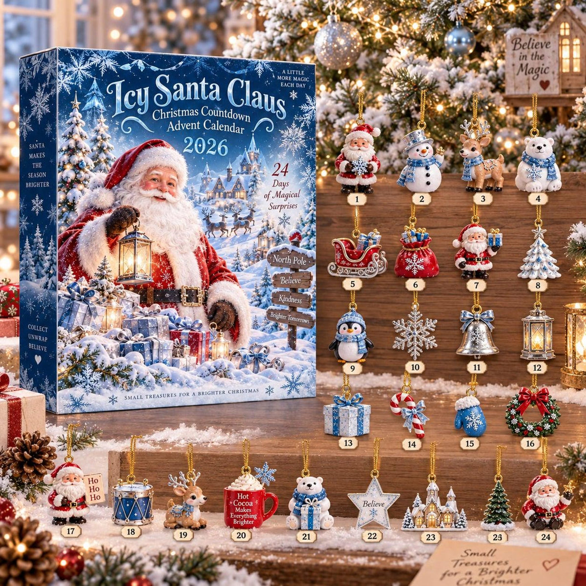 Christmas Advent Calendar 2026, 24 Days Christmas Countdown with Acrylic Ornaments, Santa Claus Holiday Gift for Kids and Family