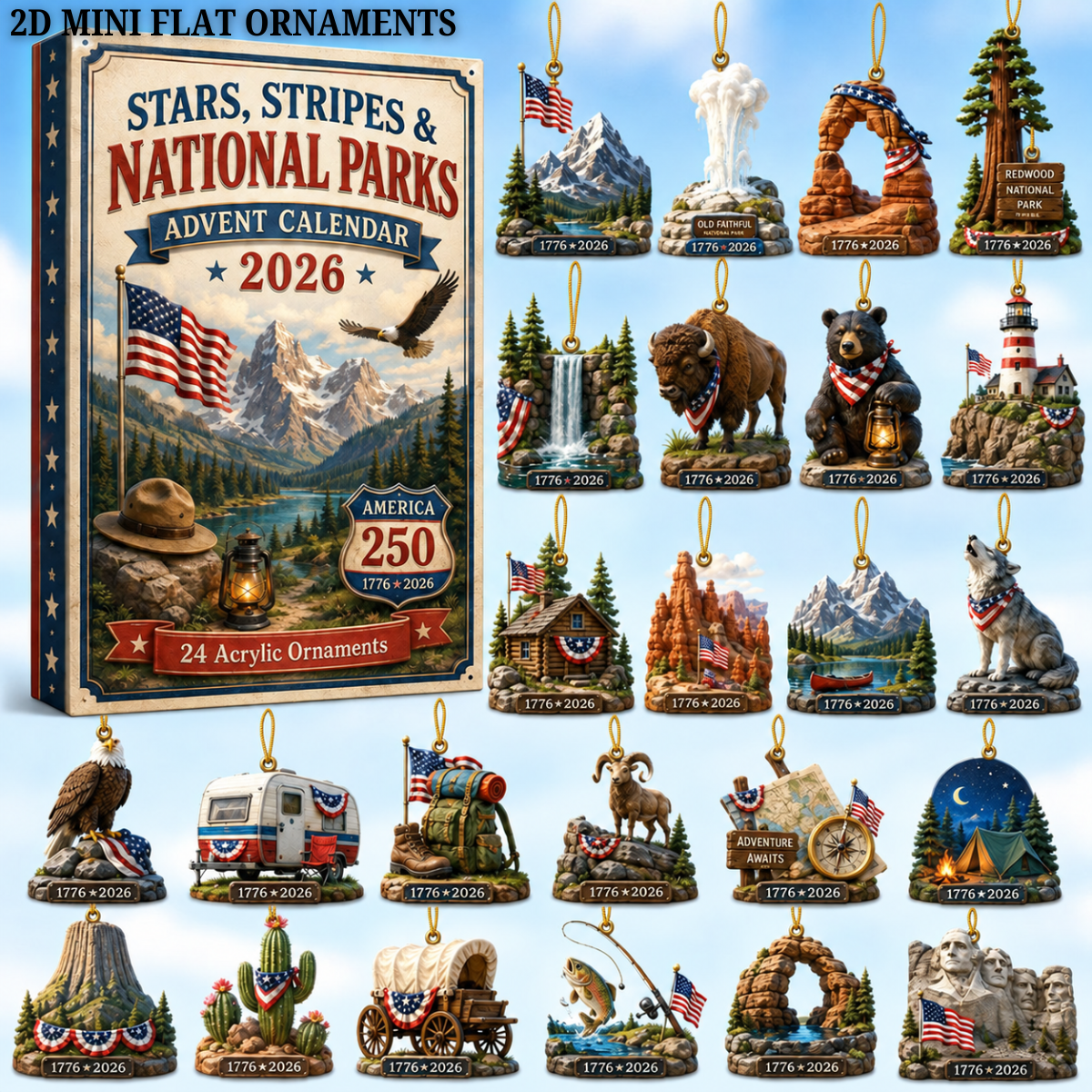Stars, Stripes & National Parks Advent Calendar 2026 - 24-Day Festive Countdown, Acrylic Charms Blind Box - Gift For Family & Friends