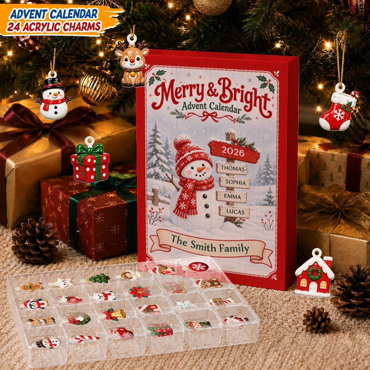 Custom Family Name Merry Bright Advent Calendar, 24 Pcs Snowman Acrylic Charms Countdown Gift