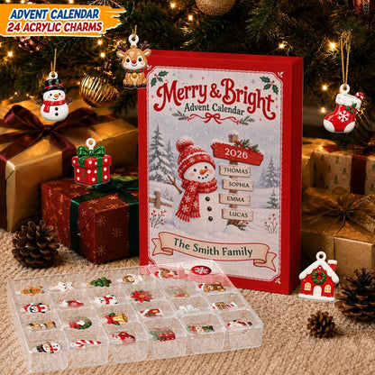 Custom Family Name Merry Bright Advent Calendar, 24 Pcs Snowman Acrylic Charms Countdown Gift