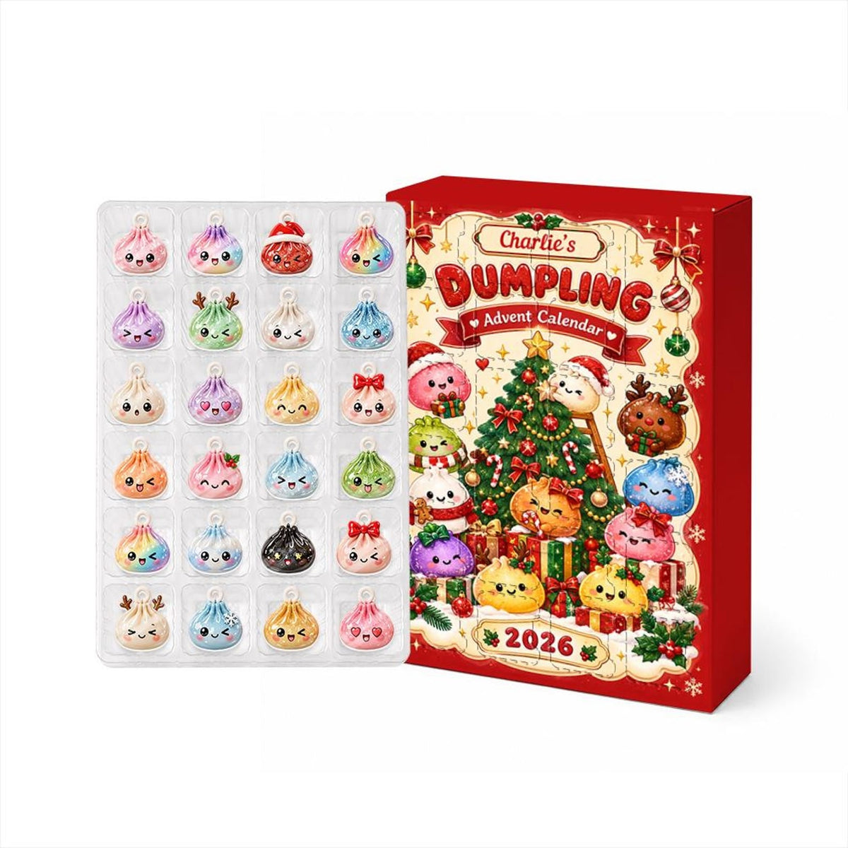 Personalized Dumpling Advent Calendar, 24 Acrylic Charms, Custom Name, 2026 Countdown, Asian Food Keepsake