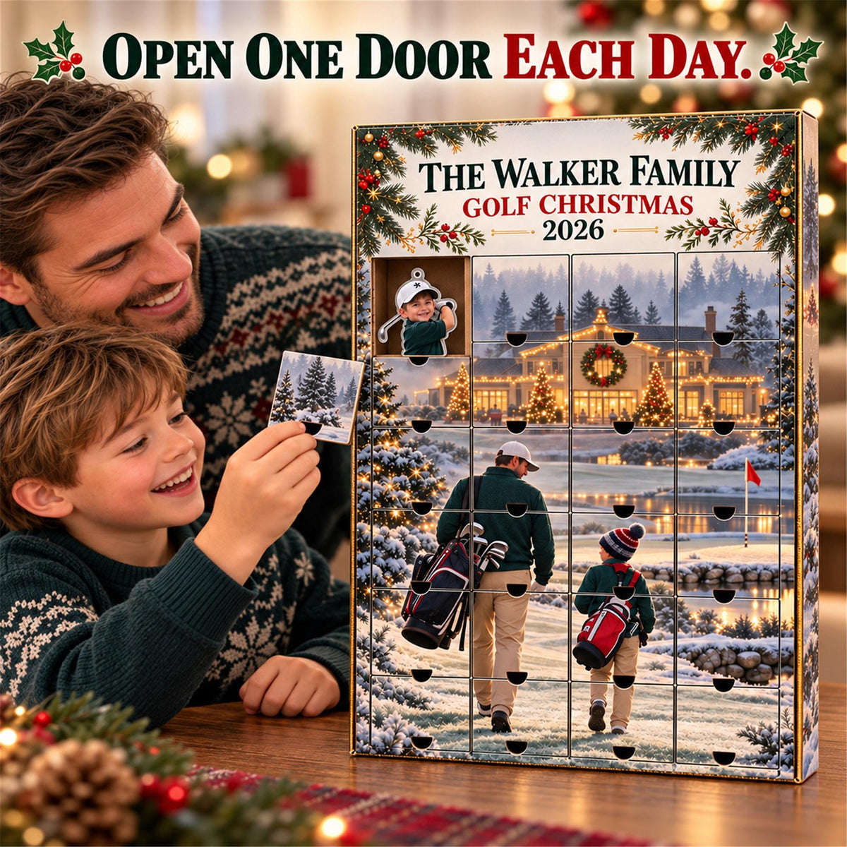 Personalized Golf Advent Calendar with 24 Custom Photo Acrylic Ornaments, Golfer Christmas Countdown Gift for Golf Dad and Family Keepsake