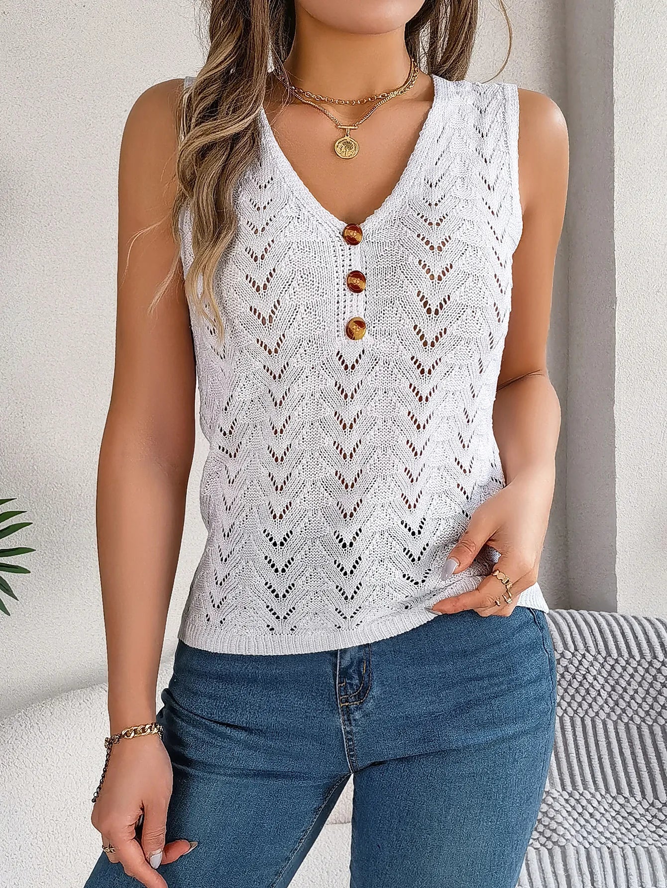 V-Neck Button Hollow Out Sleeveless Knit Vacation Top