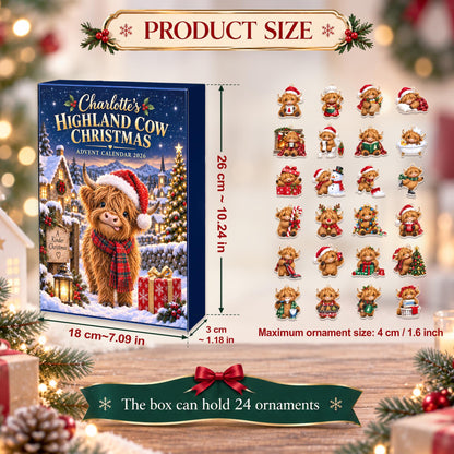 Personalized Highland Cow Christmas Advent Calendar Box, Custom Name 24 Charm Countdown Gift, Farm Animal Holiday Keepsake