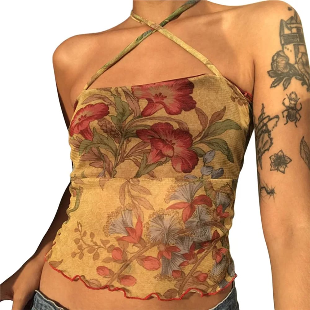 Fairycore Floral Mesh Halter Top