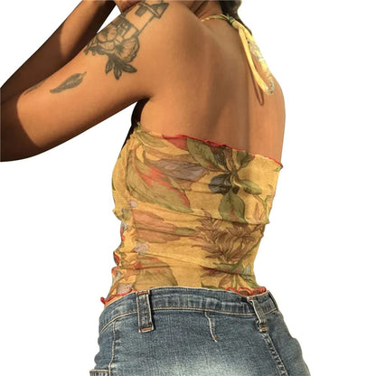 Fairycore Floral Mesh Halter Top