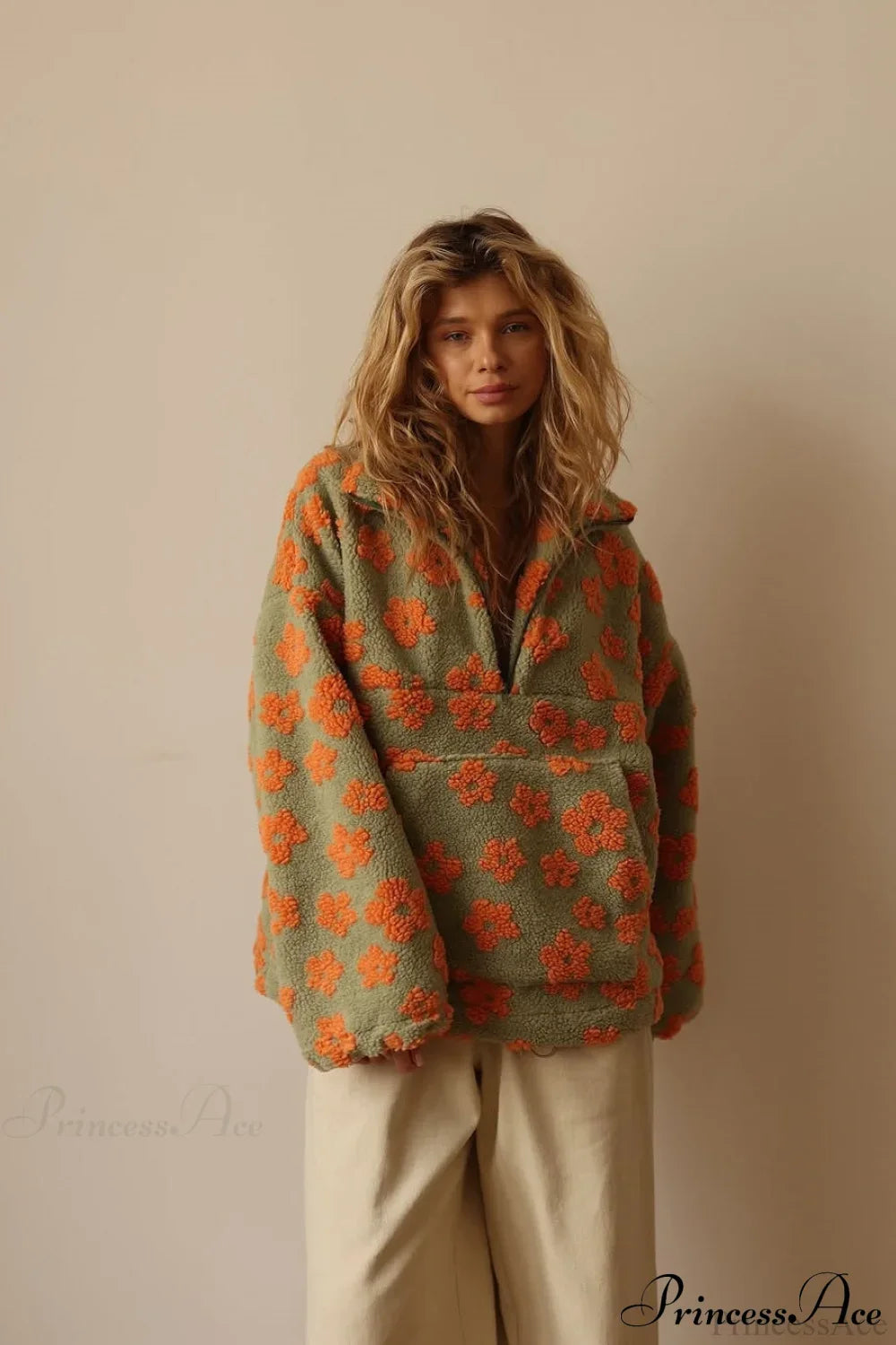 Faux Sherpa Printed Loose Zip Sweatshirt