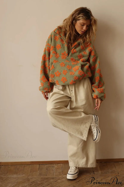 Faux Sherpa Printed Loose Zip Sweatshirt