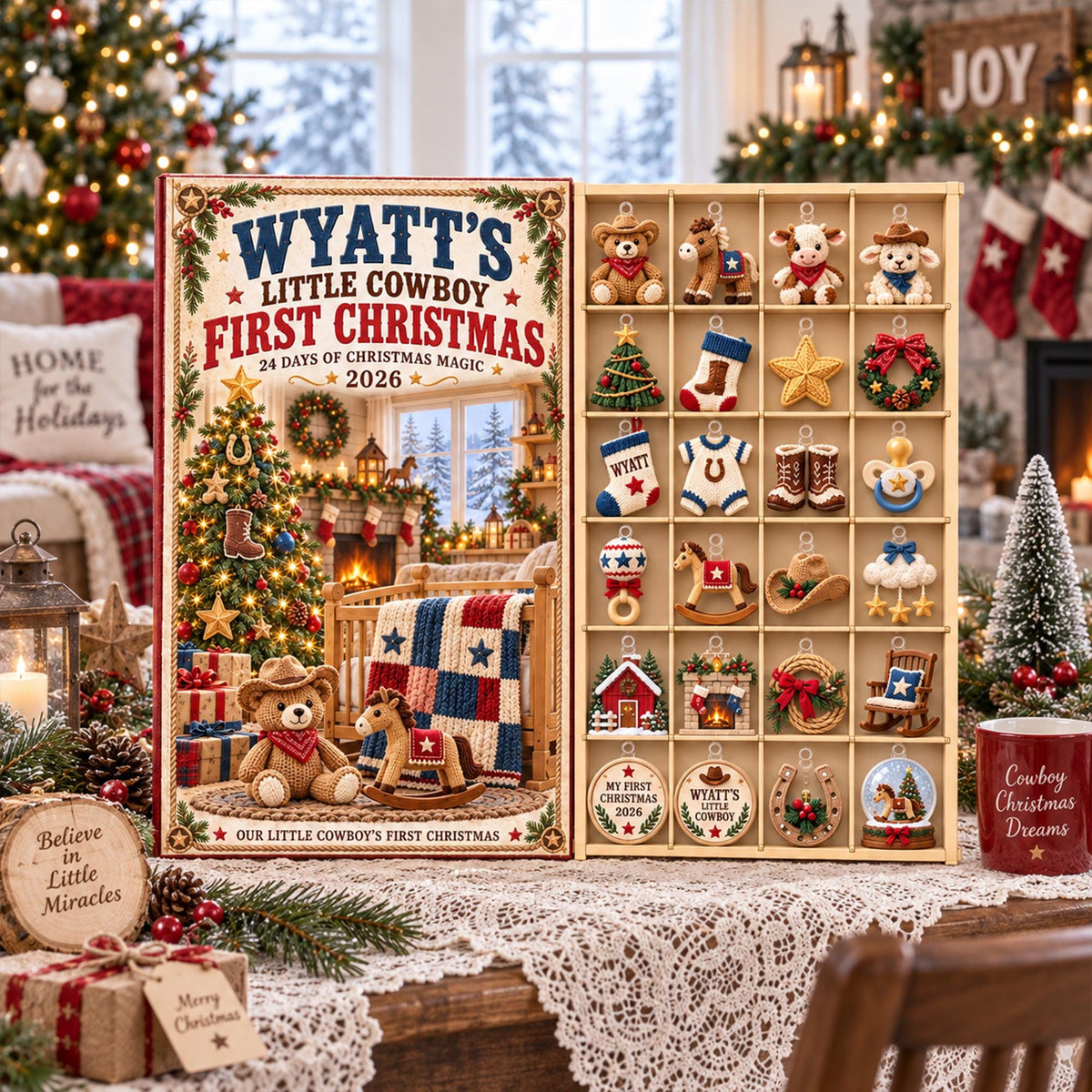 Personalized Baby Cowboy Advent Calendar 2026, First Christmas Countdown, 24 Day Acrylic Ornament Set, Custom Baby Boy Xmas Gift