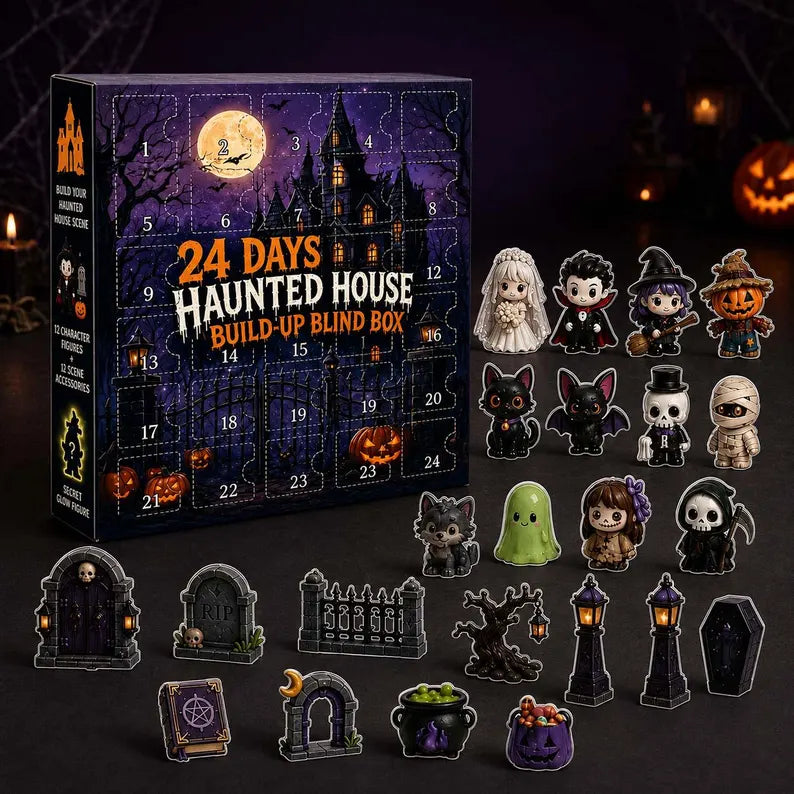 Halloween Countdown Calendar 2026, 24-Day Surprise Gift Box Containing a Mini Acrylic Flat Figure, Cute Ghost or Haunted House Set, 4 Styles