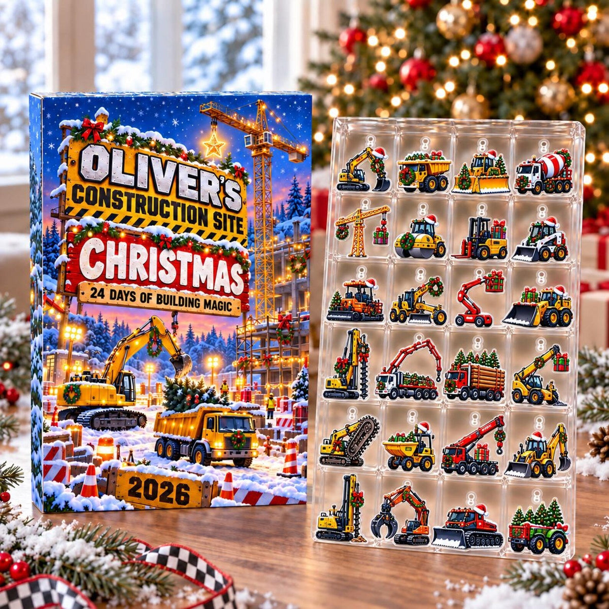 Personalized Construction Vehicle Advent Calendar 2026, Christmas Truck Countdown, Excavator and Digger Ornaments, Fun Holiday Gift for Boys