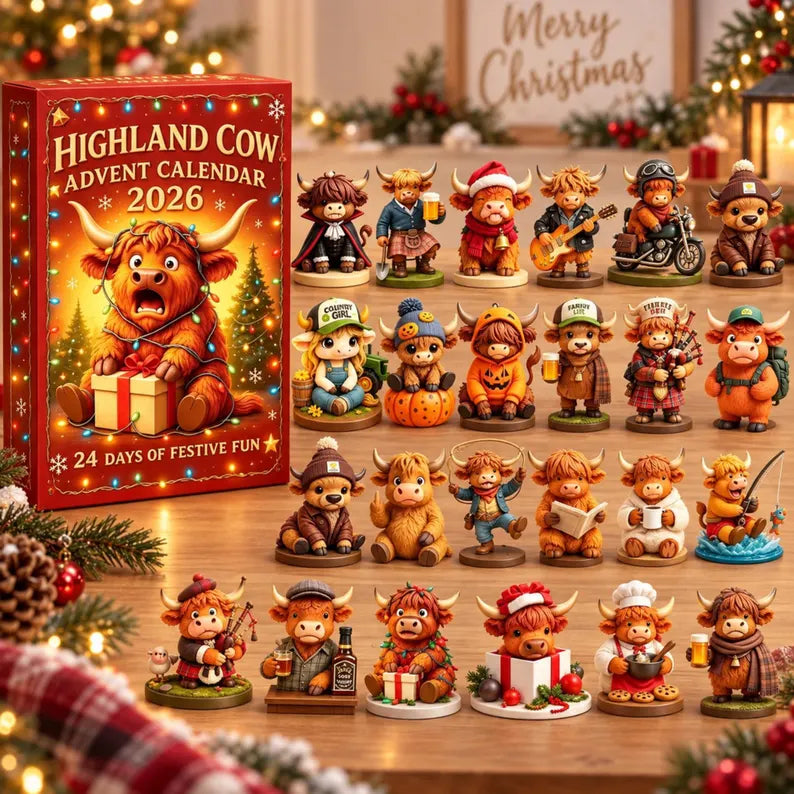 Highland Cow Advent Calendar 2026 24 Days Christmas Countdown 3D Collectible Ornament Farmhouse Holiday Decor Gift for Cow Lovers