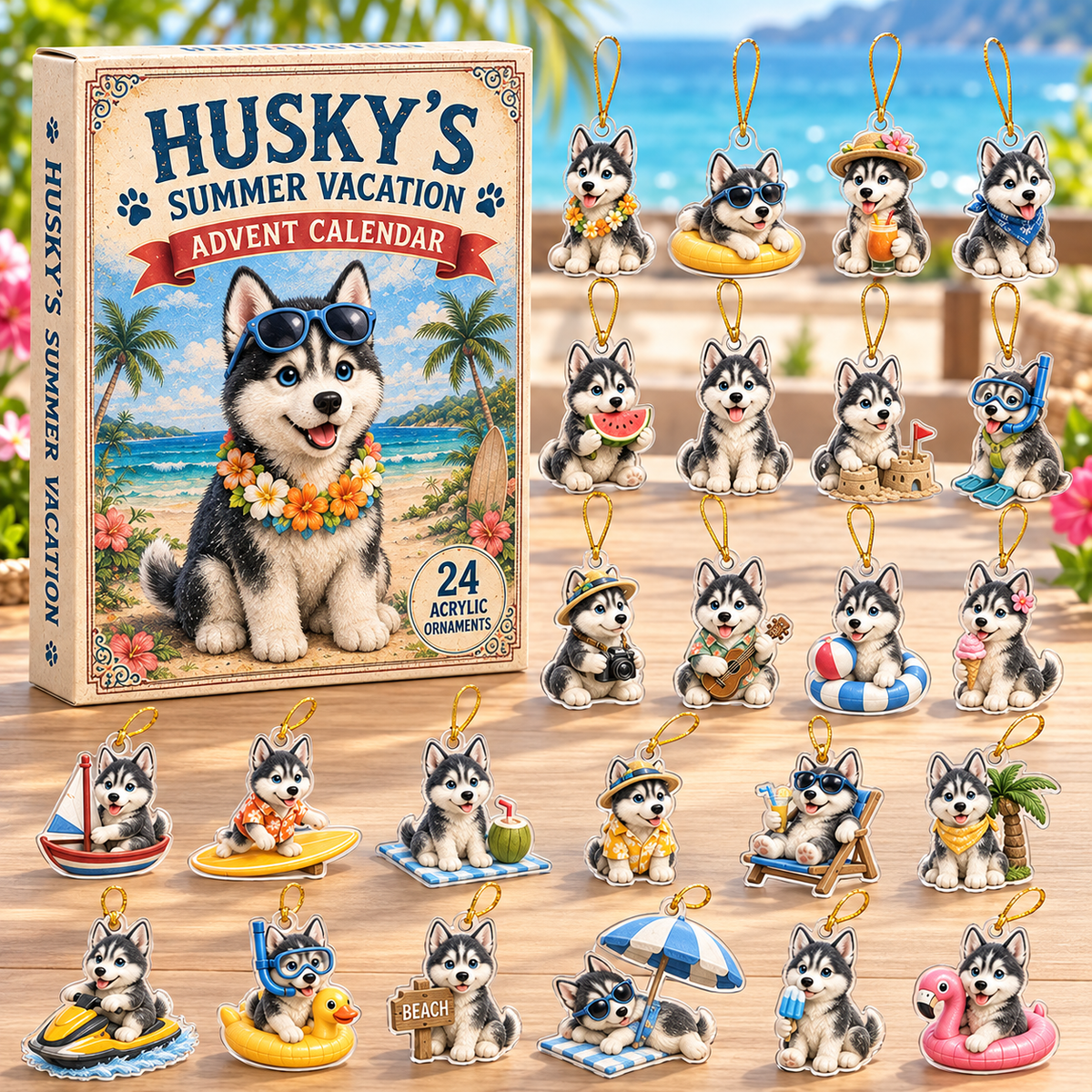 Husky Summer Vacation Advent Calendar 2026 - 24-Day Festive Countdown, Acrylic Charms Blind Box - Gift For Dog Lovers