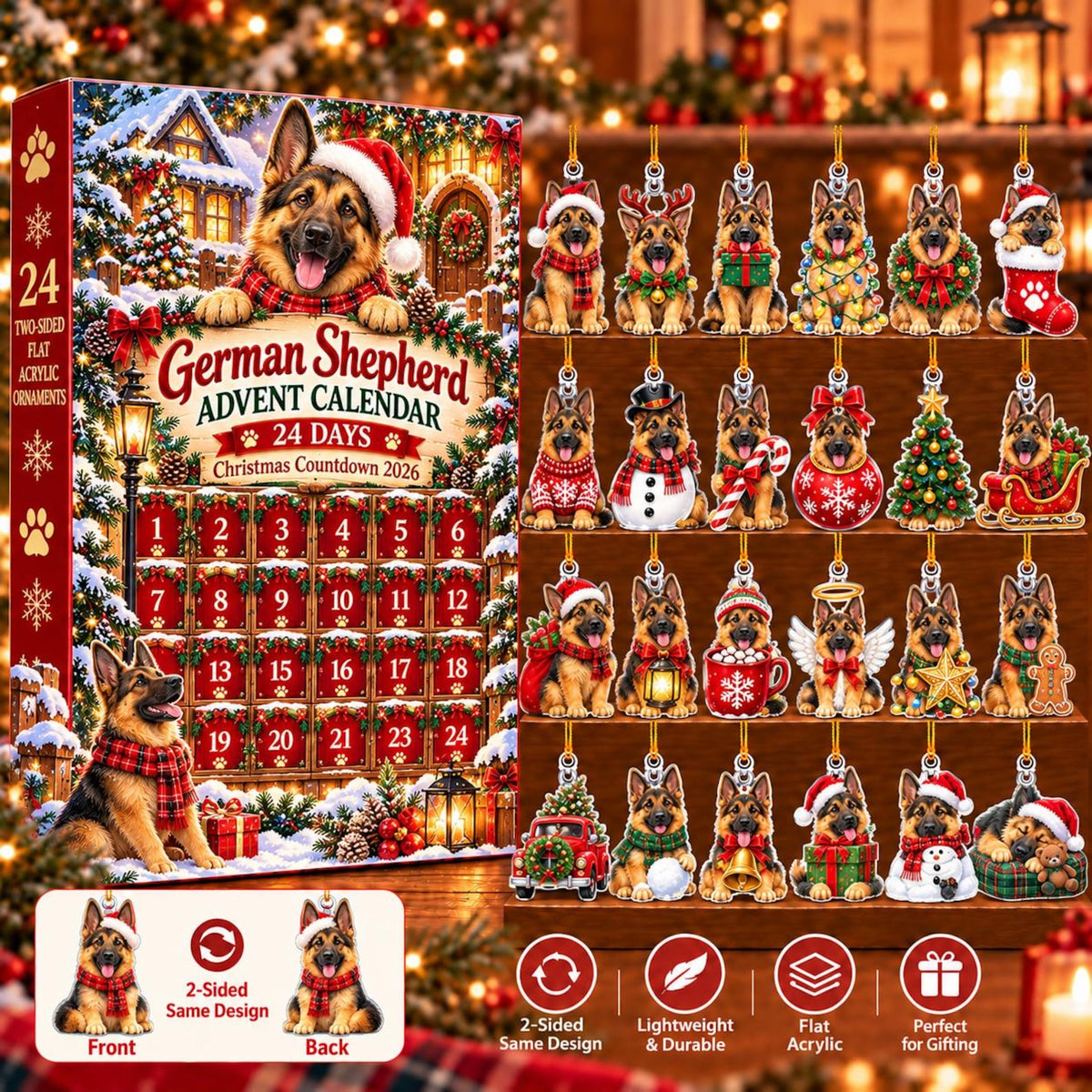 German Shepherd Dog Advent Calendar 2026, 24 Acrylic Ornament Christmas Countdown Blind Box, Dog Lover Holiday Gift Richard